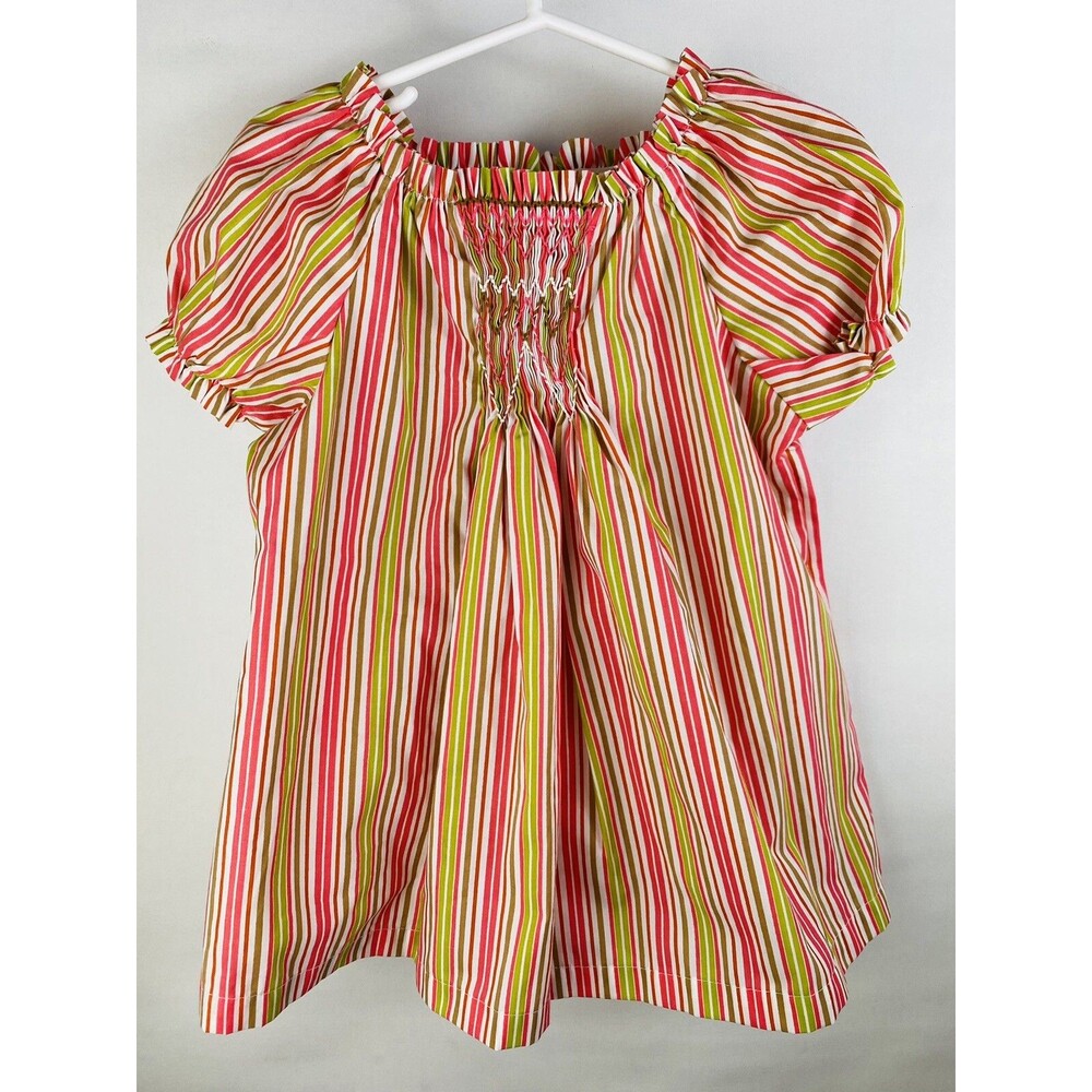 Remember Nguyen Green Pink Smocked 4T Dress Striped Puff Sleeve
